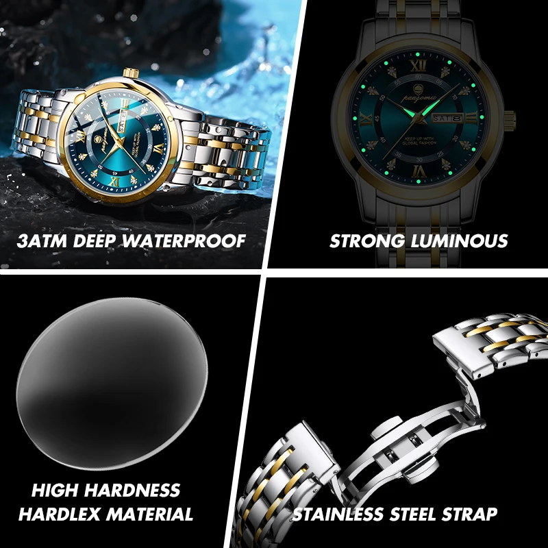PAAZOMU Watch Men Women Diamond Business Dress Analog Quartz Stainless Steel Waterproof Luminous Date  Luxury Casual Wrist Watch
