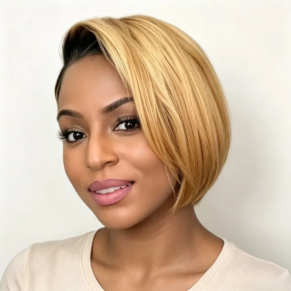 Ombre Highlight Pixie Cut Bob Wig 13x4 Lace Frontal Honey Blonde Color 100 Human Hair Straight Pre Plucked Hairline Glueless