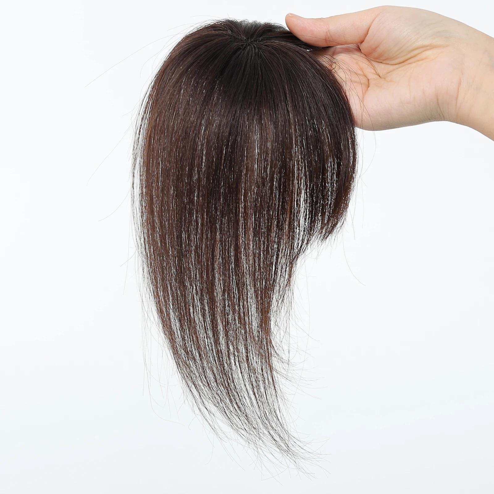 Brown Natural Human Hair Topper 2 Clips in Hair Extension with Air Bangs 100% Real Human Hair for Women Daily with Loss Hair Use