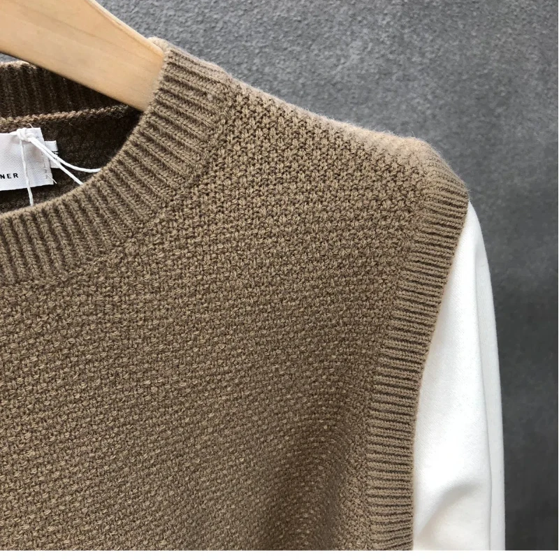 Pull à col rond épissé pour hommes, mode, solide, minimaliste, décontracté, manches courtes, avec glaçage imbibé, automne, hiver, nouveau, 2024