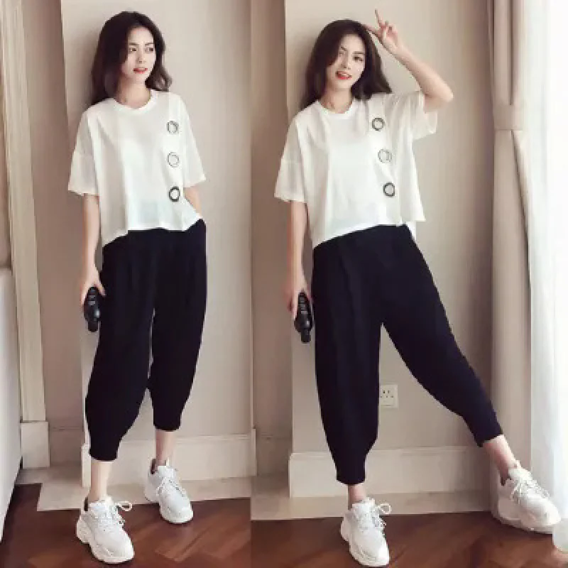 

plus Size Women's Clothing FatmmBlouse and Summer New Loose Slimming Belly-Covered Short SleeveTHarem Pants Two-Piece Set