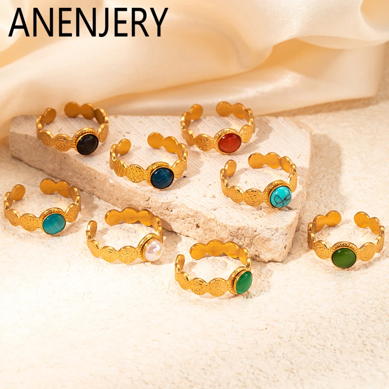 ANENJERY 316L Stainless Steel Colorful Stone Round Card Open Ring for Women Men Temperament Jewelry Gifts Wholesale