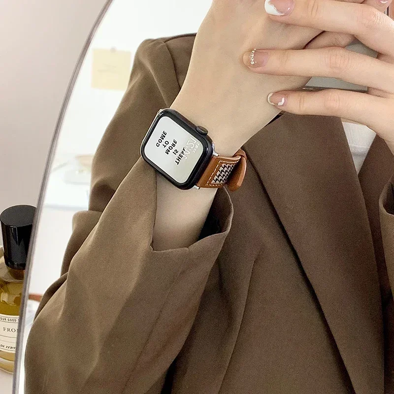 Cinturino per Apple Watch 38/42mm cinturino in pelle pied de poule Iwatch Ultra 49mm S8 cinturino da donna Se 40mm/44mm 41/45mm serie 987654321