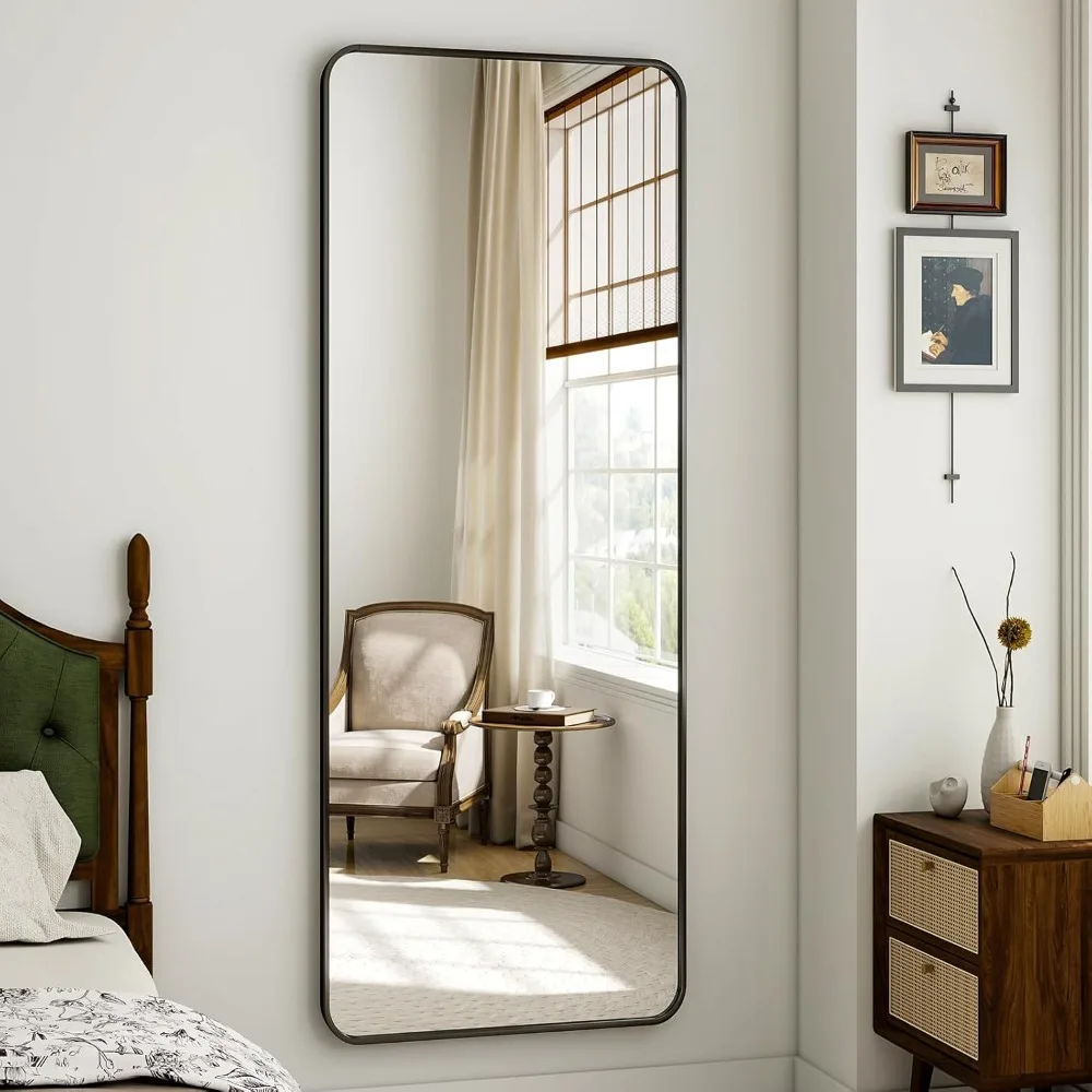 Bodenspiegel in voller Länge mit Ständer, 16 x 59 Zoll, Rahmen aus mattierter Aluminiumlegierung, freistehend und an der Wand montierbar, Karosseriespiegel für