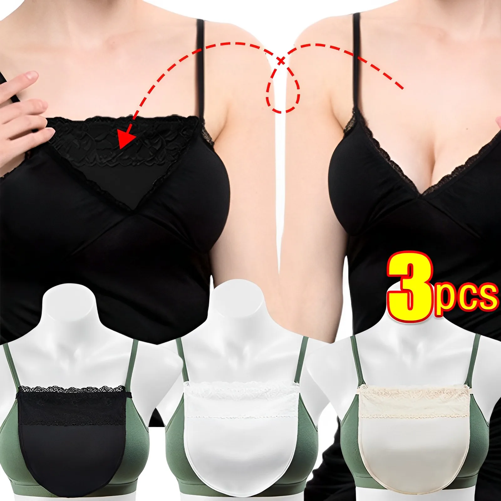 3PCS Silk Tube Bra With Elastic Band Women Easy Clip-on Lace Solid Mock Camisole Insert Wrapped Chest Tube Tops Fake Collar