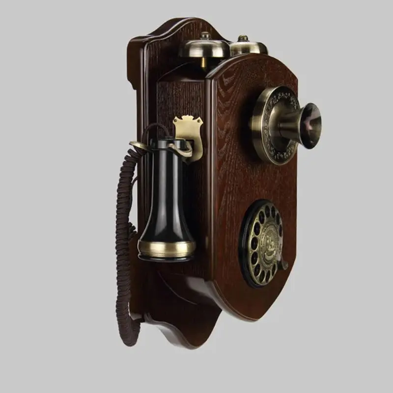 Vintage Antique Corded Wall Phone with Rotary Dial, Mechanical Ringtones, Redial, Wooden Decorative Telephone for Home Bar