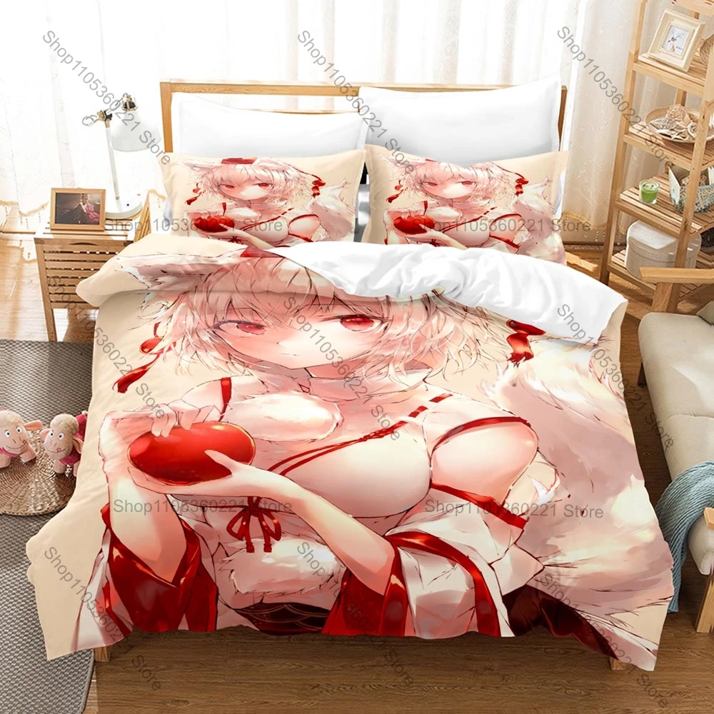 Cool Inubashiri Momiji Touhou Bedding Set Duvet Cover + 2 Pillowcases White Wolf Tengu Maple Leaf Youkai Mountain Anime Bedroom