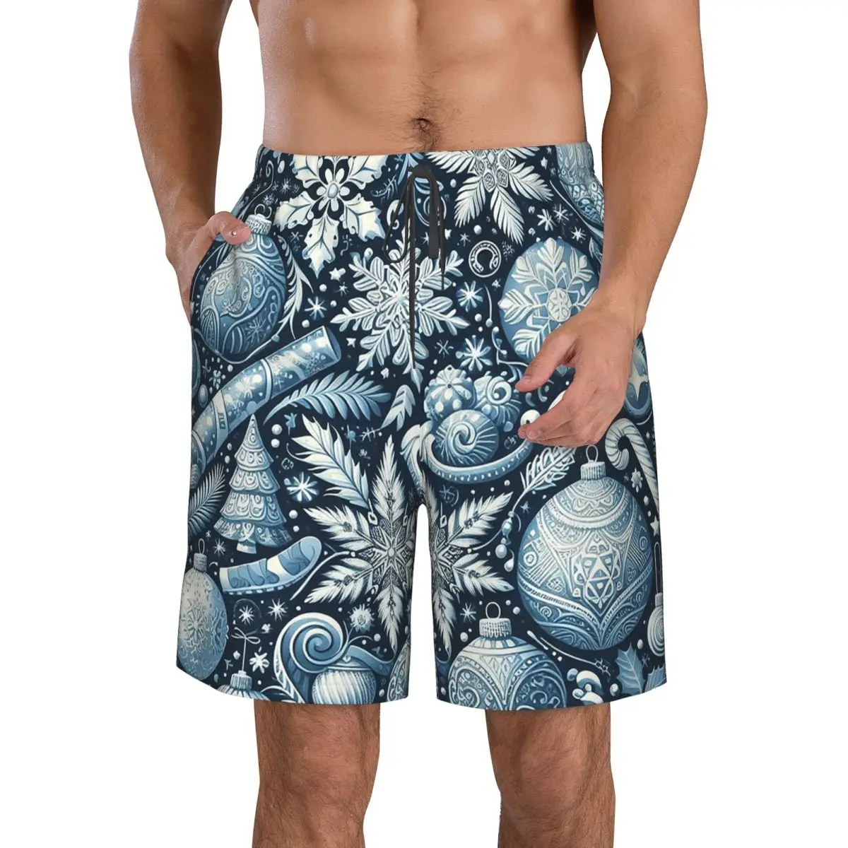 กางเกงขาสั้นชายหาดสีน้ำเงินขาว ลายคริสต์มาส แห้งเร็ว สวมใส่สบาย เหมาะสำหรับฤดูร้อน