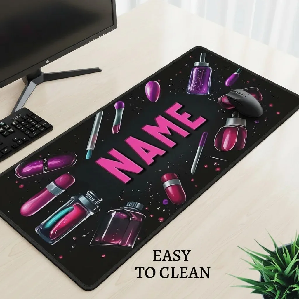 Personalized Customizable Hot Pink Cosmetic Large Mouse Pad, Lip Brush Fabric Rubber Mat For Beauty Lovers Office Gaming