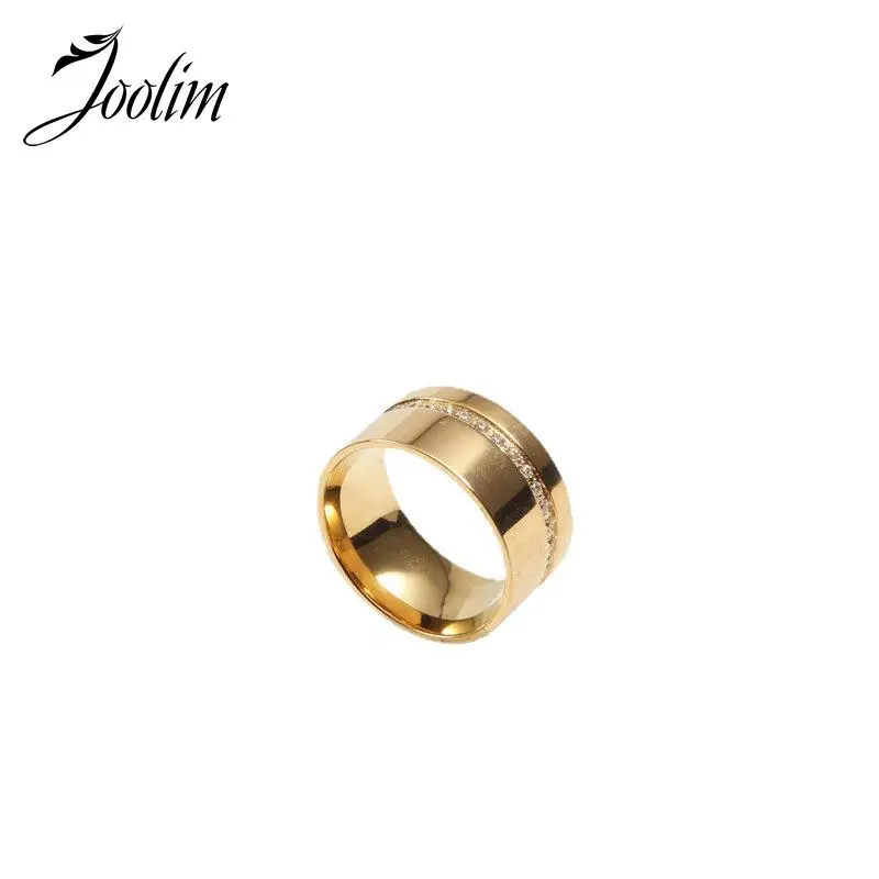 Joolim Jewelry High End PVD Wholesale Fashion Waterproof Thin Zircon Pave Wide Band Stainless Steel Ring For Women