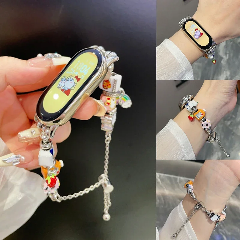 Dopamine Cartoon Bead Bracelet for Xiaomi Mi Band 9 8 7 6 5 4 Metal Chain Strap for Miband 8 Pro/7 Pro Cute SmartWatch Wristband