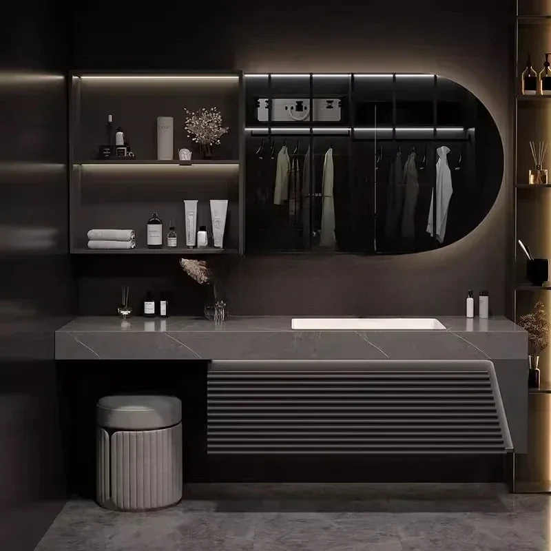 ZH  Hotel Wind Smart Oak Bathroom Cabinet Slate Seamless Wash Cabinet