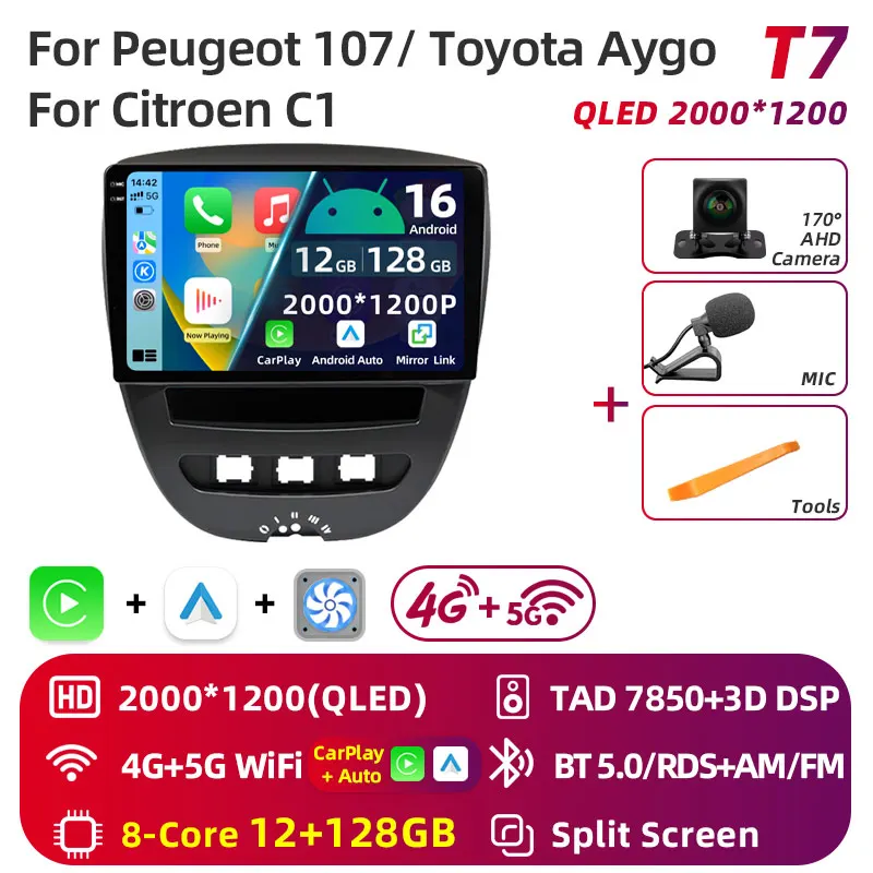 Android 16 2 Din Auto Multimedia Speler Voor Peugeot 107 Toyota Aygo Citroen C1 2005-2014 Head Unit Stereo GPS navigatie BT WIFI