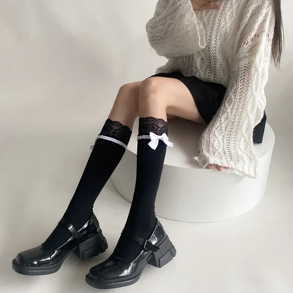 Чулки в стиле Лолиты для девочек JK, милые женские кавайные гольфы для девочек, длинные носки до колена в балетном стиле, повязки до бедра с бантом, чулки