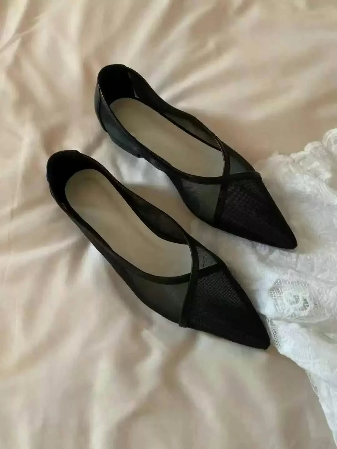 Women's Black Mesh Pointed Toe Flat Shoes Elegant Crisscross Strap Breathable See-Through Ballet Flats Minimalist Dress Footwear