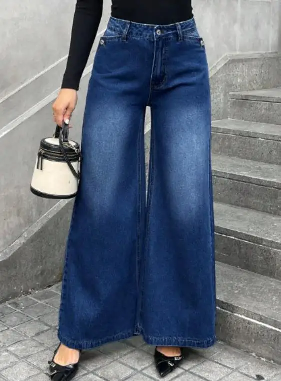 

2026 Spring/Summer New Fashionable Casual Retro Wrinkle Design, High Waist, Slim Wide Legs, Women's Tight Jeans