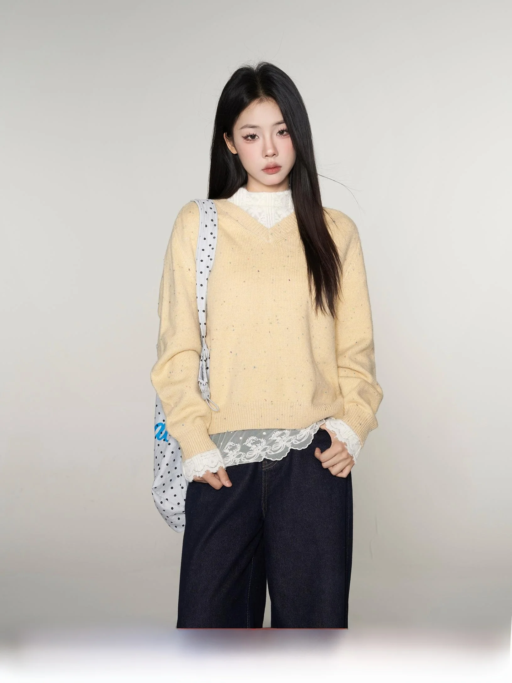 

Ladies' Lazy Sle Knitted Sweater Yellow V-Ne Long Sve Warmth-Fulfilling Autumn Winter New Arrival Comfortable Loose Fit