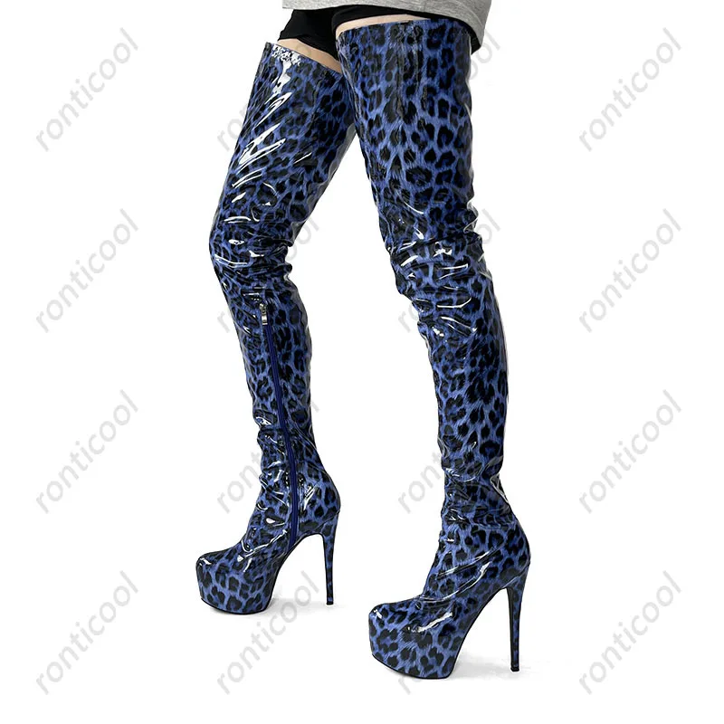 NONE Ronticool Handgemachte Frauen Oberschenkel Stiefel Patent Leder Seite Zipper Dünne High Heels Runde Zehe Leopard Club Schuhe Frauen Uns Größe 5-20 3