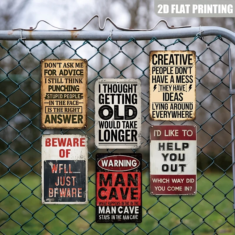 2D Flat, A Set of 6 Vintage 2D Metal Signs with Two-dimensional Flat Design - Humorous Wall Art, Suitable for Home, Living Room,