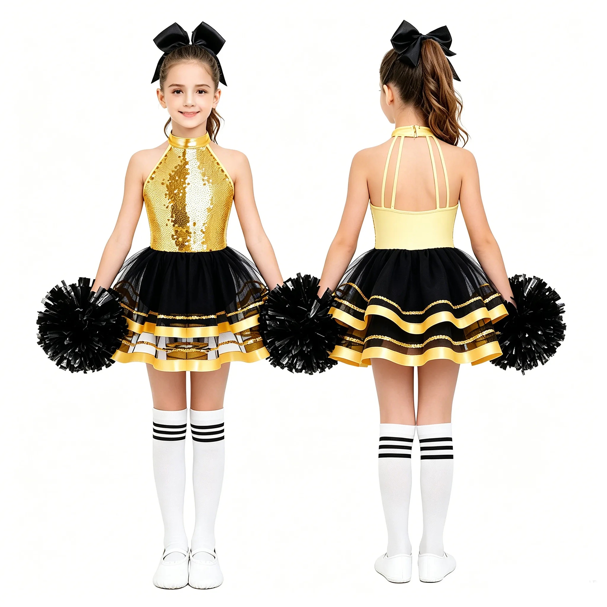 children Girls Cheerleading Jazz Dance Ballet Costume Shiny Sequins Tulle Tutu Leotard Dress with Flower Balls Headwear Socks