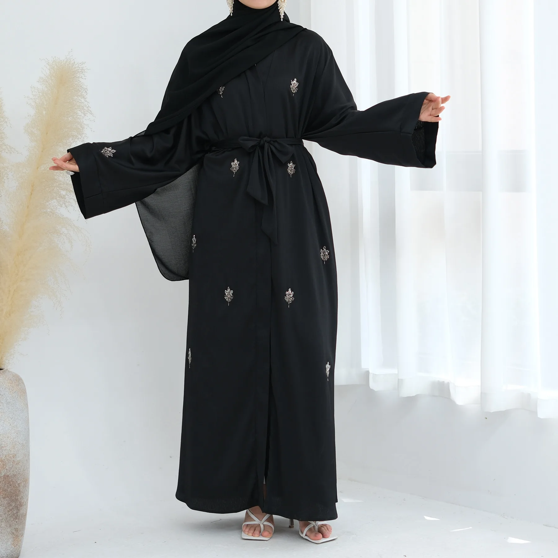 Ramadan ประดับด้วยลูกปัดกิโมโนเปิด Abaya ดูไบ Kaftan ตุรกี Robe Kebaya มุสลิมชุดยาว Eid อิสลาม Jalabiya Caftan Femme ชุด