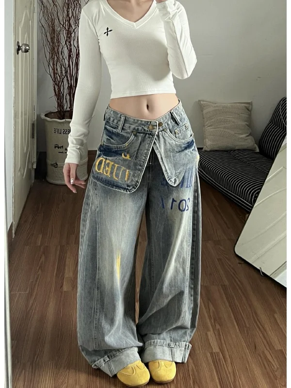 

Ретро-джинсовые шорты с американским принтом для женщин, весна-лето, новый стиль, модные свободные джинсы с эффектом двухслойности в стиле Spicy Girl