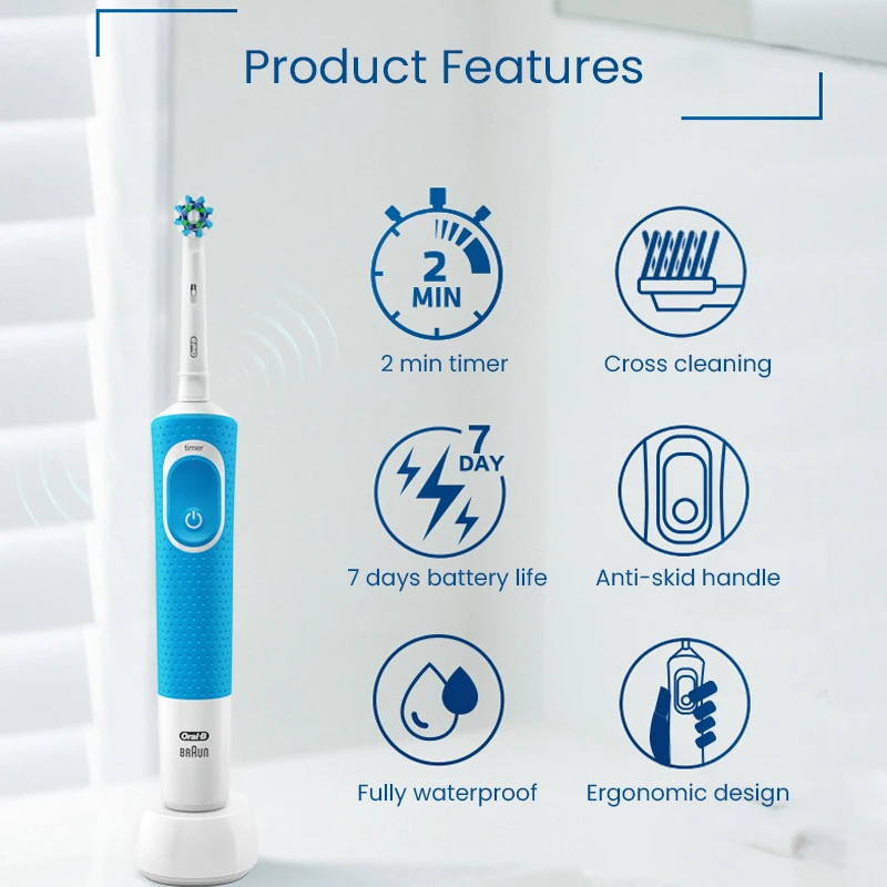 Oral B D100 sikat gigi elektronik dewasa, sikat gigi listrik pembersih 2D berputar dengan Timer 2 menit tahan air