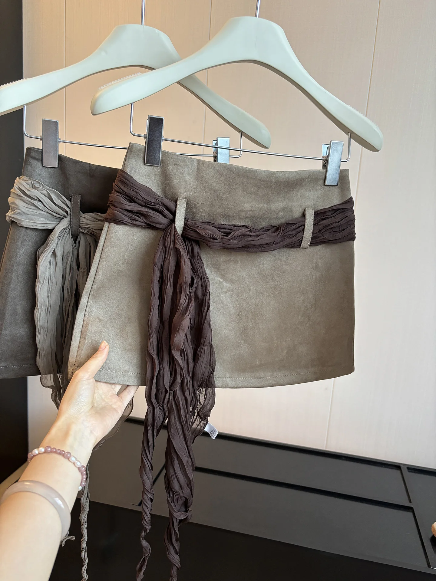 Retro DIYI Silk Scarf Waist Belt  Skirt Women's Slim Fit Suede Short Skirt Hot Girl High Waist A-Line Skirt Polyester Fiber