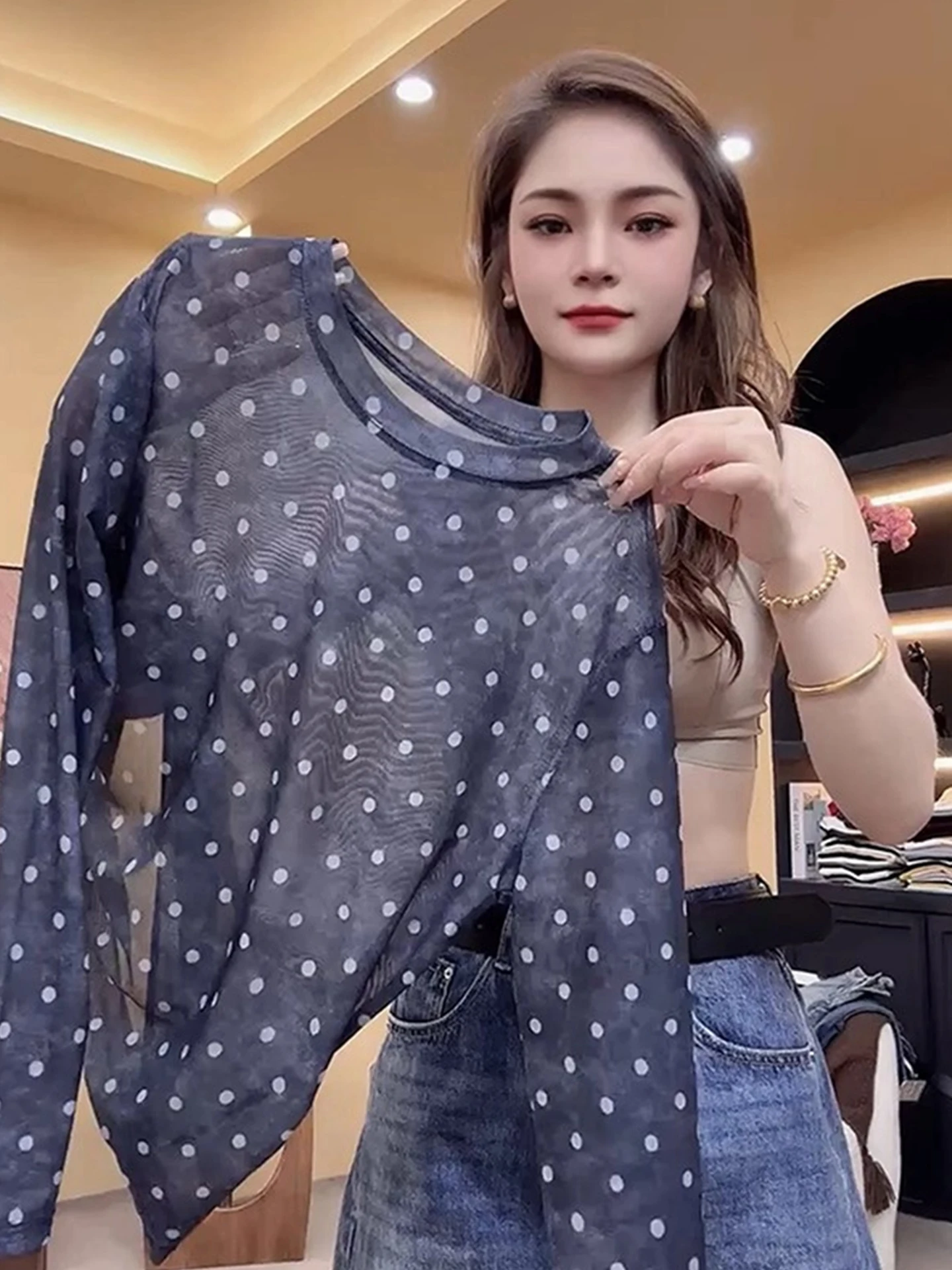 

Дышащая женская футболка в горошек Long Sve, корейский круглый топ Ne Design Sensation с солнцезащитным кремом на лето 2023 г.