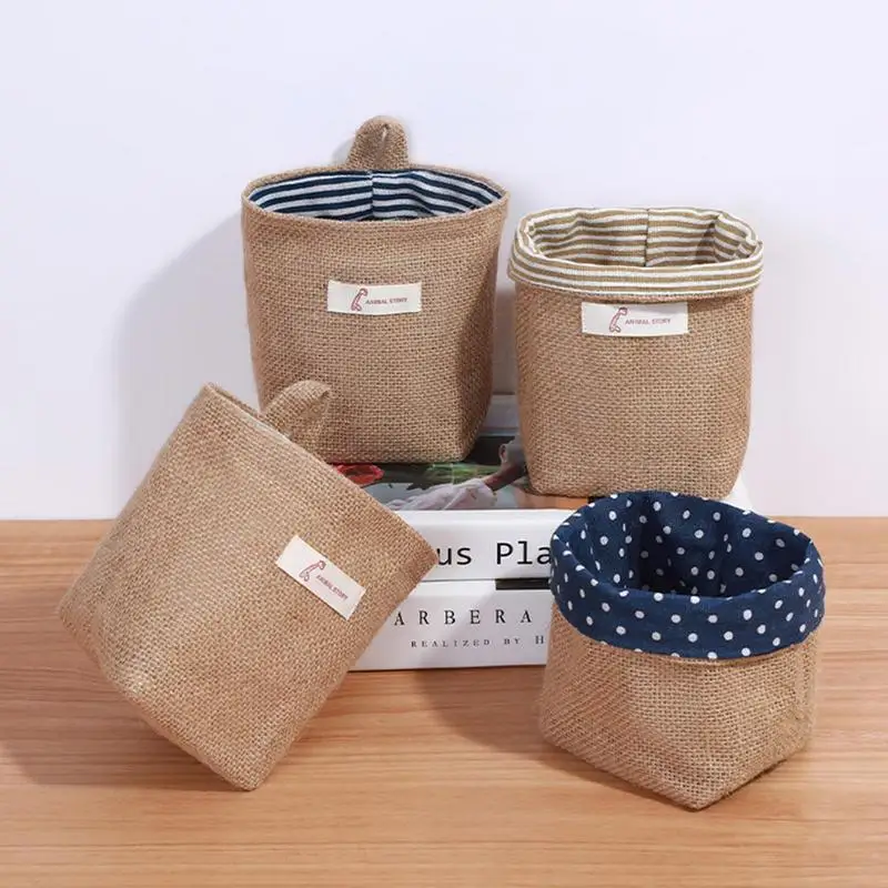 Jute Cotton Linen Storage Bag Desktop Storage Basket Hanging Pocket Organizer Toy Basket For Cosmetic Sundries Storage Box Decor