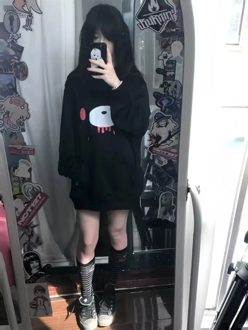 Herbstlicher, lässiger Gothic-Sweatshirt für Damen, Y2k-Ästhetik, japanischer Cartoon-Print, High-Street-Kapuzenpullover, Harajuku-Punk-Kleidung – Detail 10