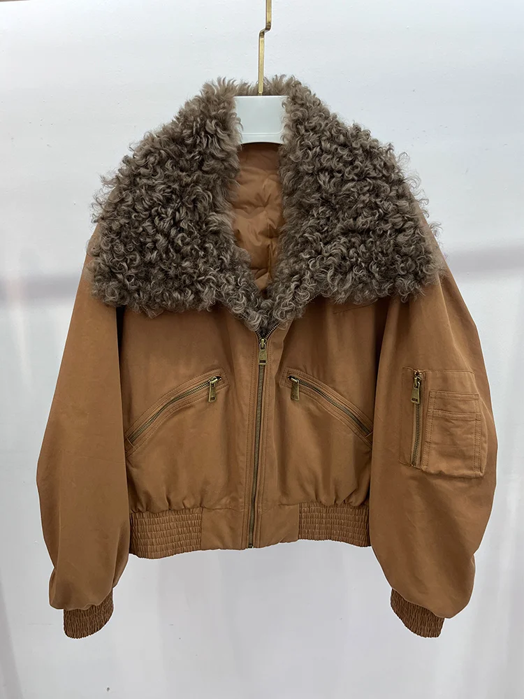 ファッション冬天然羊ラムファー襟付きコート女性用グースダウンジャケット女性用コートパーカーパファージャケットアウター