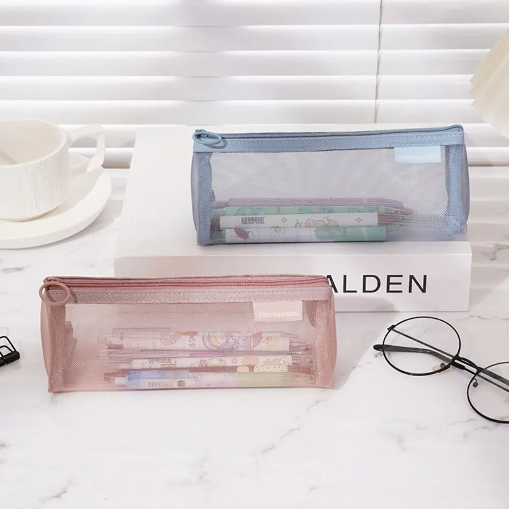 Nylon Mesh Pencil Case Retro Color Triangle Transparent Bills Bag Organizer Case Storage Bag Zipper Stationery Bag Student