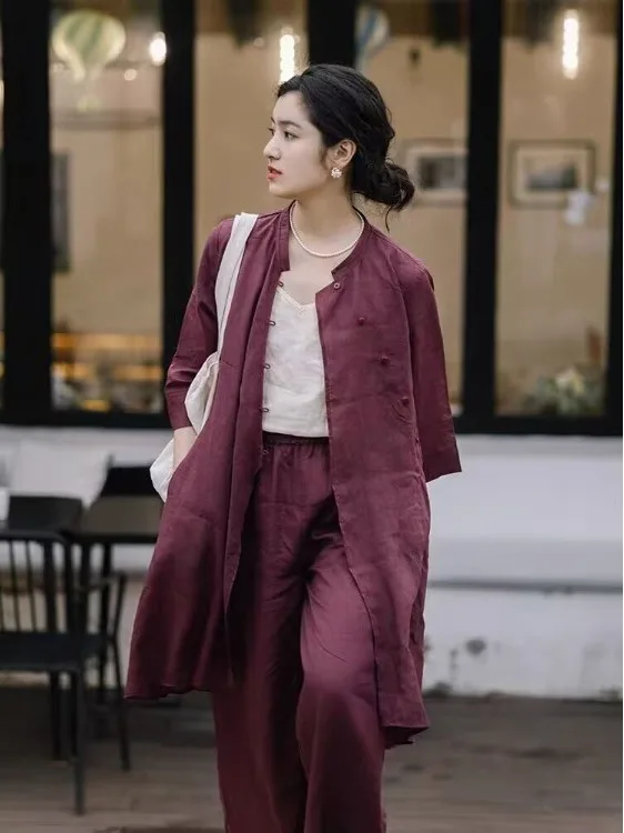 

Женский комплект в стиле дзен: рубашка с длинным рукавом и брюки, новый весенний китайский стиль, одежда для буддийских мирянок