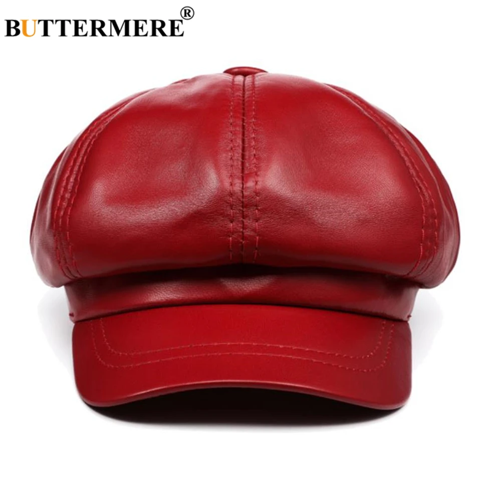 BUTTERMERE Genuine Leather Vintage Hat Women Newsboy Cap Pink Baker Boy Cap High Quality Brand Ladies Winter Octagonal Cap