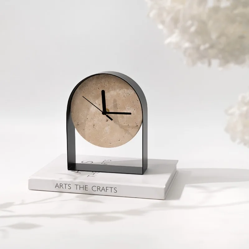Marble Numberless Arch Table Clocks Simple Living Room Cave Stone Clocks Ornament Metal Pointer Personal Artistic Home Decor