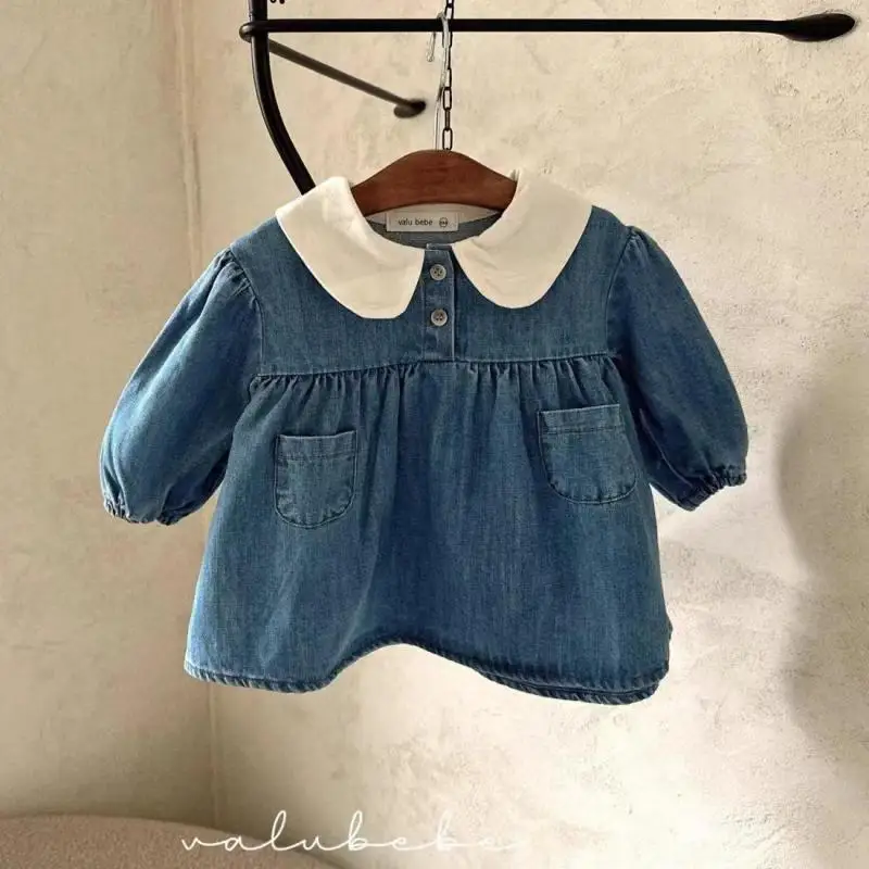 2024 Autumn New Baby Girls Long Sleeve Denim Dress Infant Toddler Cute Loose Peter Pan Collar Casual Dress Children Clothes