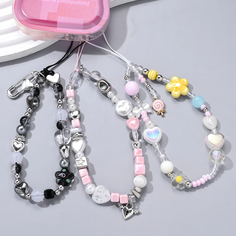 Y2K Mobile Phone Lanyard Colorful Acrylic Heart Flower Beads Telephone Chain For Women Girls Anti-Lost Phone Case Chain Currency