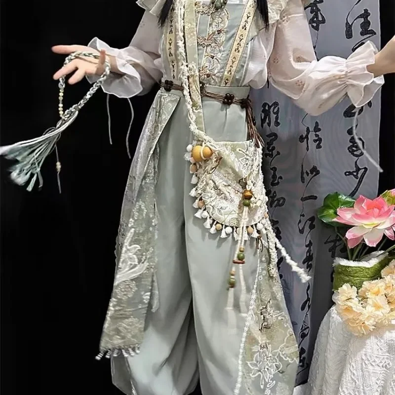 

2026 модный сценический костюм ханьфу для косплея, летний костюм в китайском стиле, зеленый топ с вышивкой и пышными рукавами, шаровары с кисточками, женский комбинезон