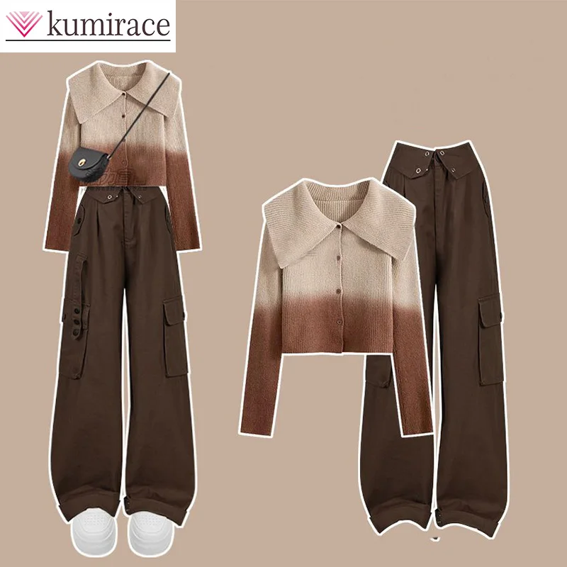 Autumn and Winter Set Women\'s 2023 New Coffee Colored Polo Collar Knitted Cardigan Slim and Versatile Workwear Trouser Set