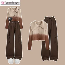 Autumn and Winter Set Women's 2023 New Coffee Colored Polo Collar Knitted Cardigan Slim and Versatile Workwear Trouser Set