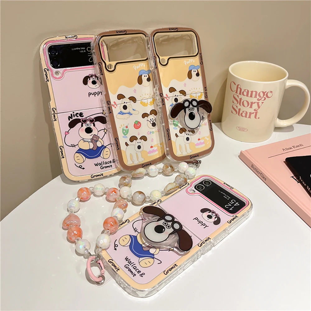 Cartoon Gromits Bring Support with Bracelet Phone Case for Samsung Galaxy Z Flip 3 4 Z Flip 5 6 5G PC Hard Anti-drop Back Cover