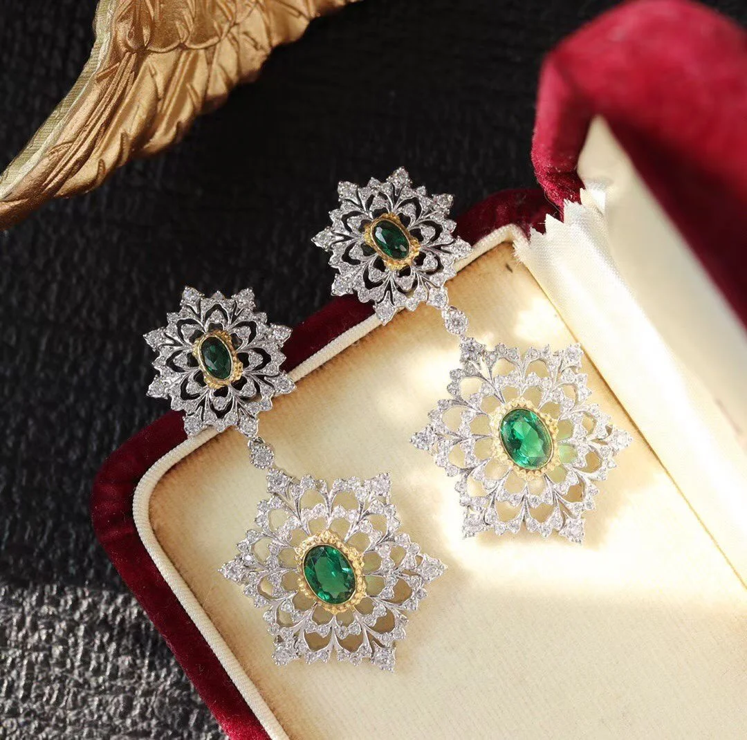 Vintage 925 Silver Thick Gold Plated Openwork Snowflake Drop Dangle Earrings Genuine Green Gemstone Hand‑Carved Ear Hoop Jewelry