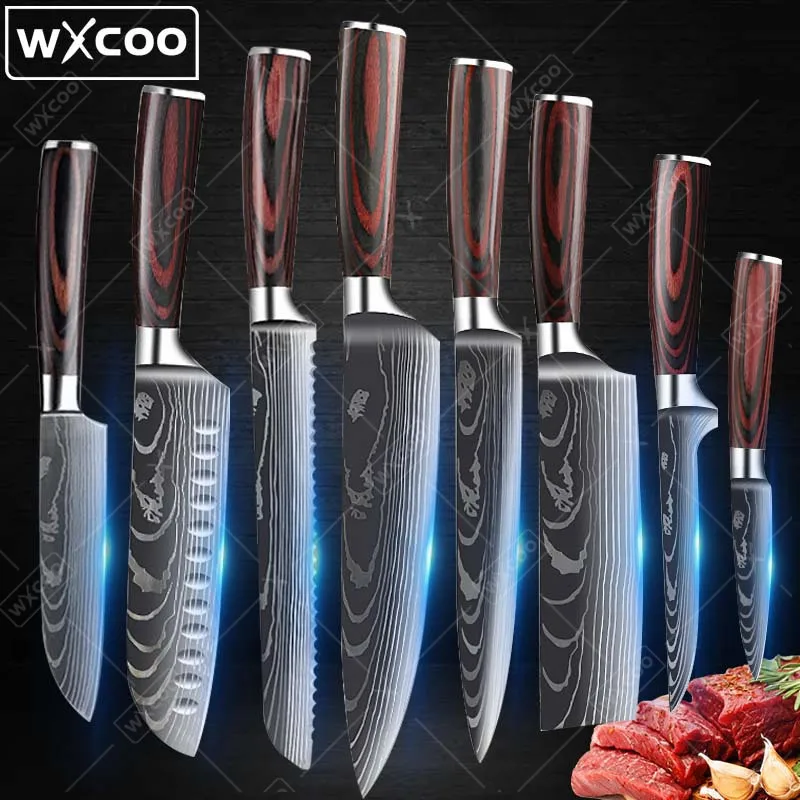 

8 Pcs Kitchen Chef Knife Set High Carbon Stainless Steel Utility Knife Meat Cleaver Santoku Slicer Gyuto Vegetable Knife