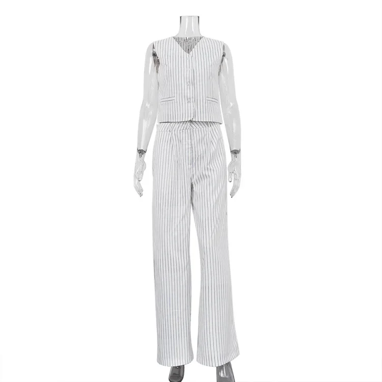 Casual Women\'s Sets Striped Vest Long Pants Set Wear Temperament Commuting Two-piece Suits for Female Streetwear 2024 New Summer