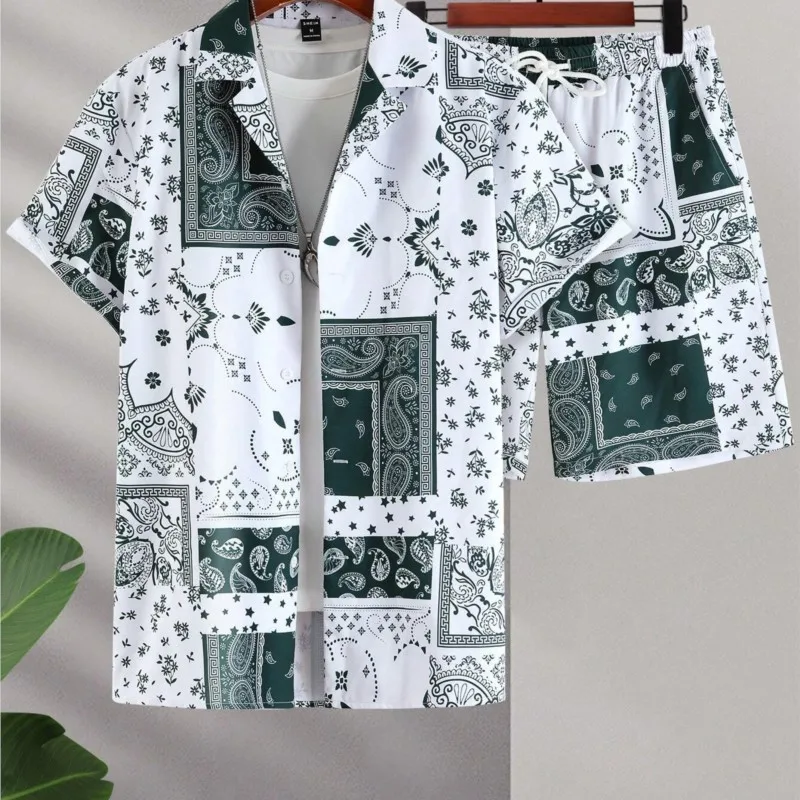 

Fashion Spliced Print Hawaiian Shirt Beach Shorts Set Outdoor Everyday Men Summer Shorts Street Fashion Man Casual Shirt