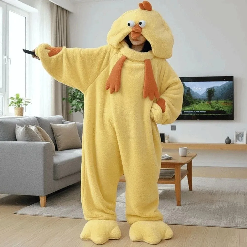 Jumpsuits Cartoon Chicken Pajamas Funny Long Sleeve Little Yellow Chicken Pajamas Home Wear Warm Coral Fleece Nightwear Home