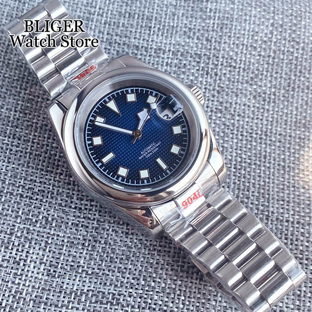 BLIGER 36mm 39mm NH35A Blue Black Mechanical Watch Men Sapphire Glass Lume Mark Silver Polished Case Wristwatch Steel Bracelet