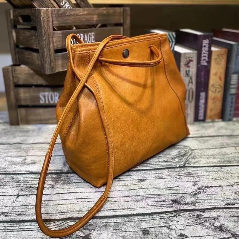 Johnature Simple Genuine Leather Women Bucket Bag 2024 New Large Capacity Commuter Solid Color Soft Cowhide Shoulder Bags