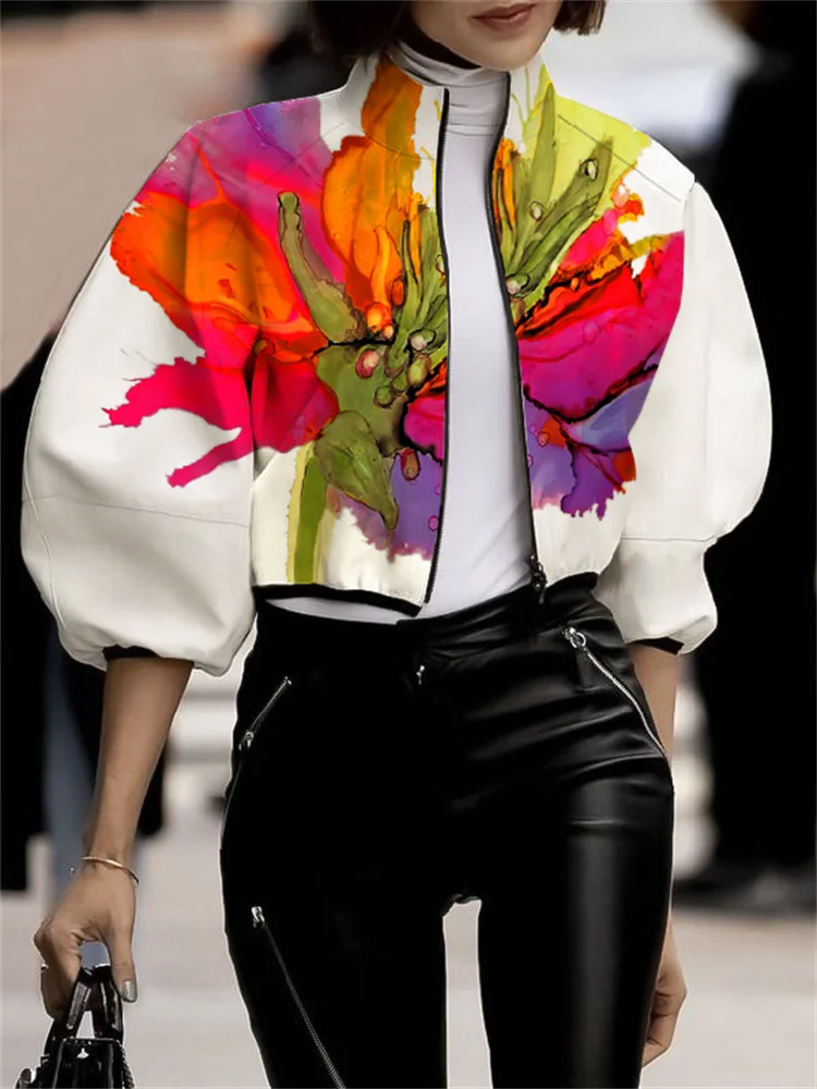 

Lemongor Korean Fashion Floral Printed High Neck Jackets For Women 2025 New Autumn Puff Sleeve Loose Fit Urban Casual Outerwears